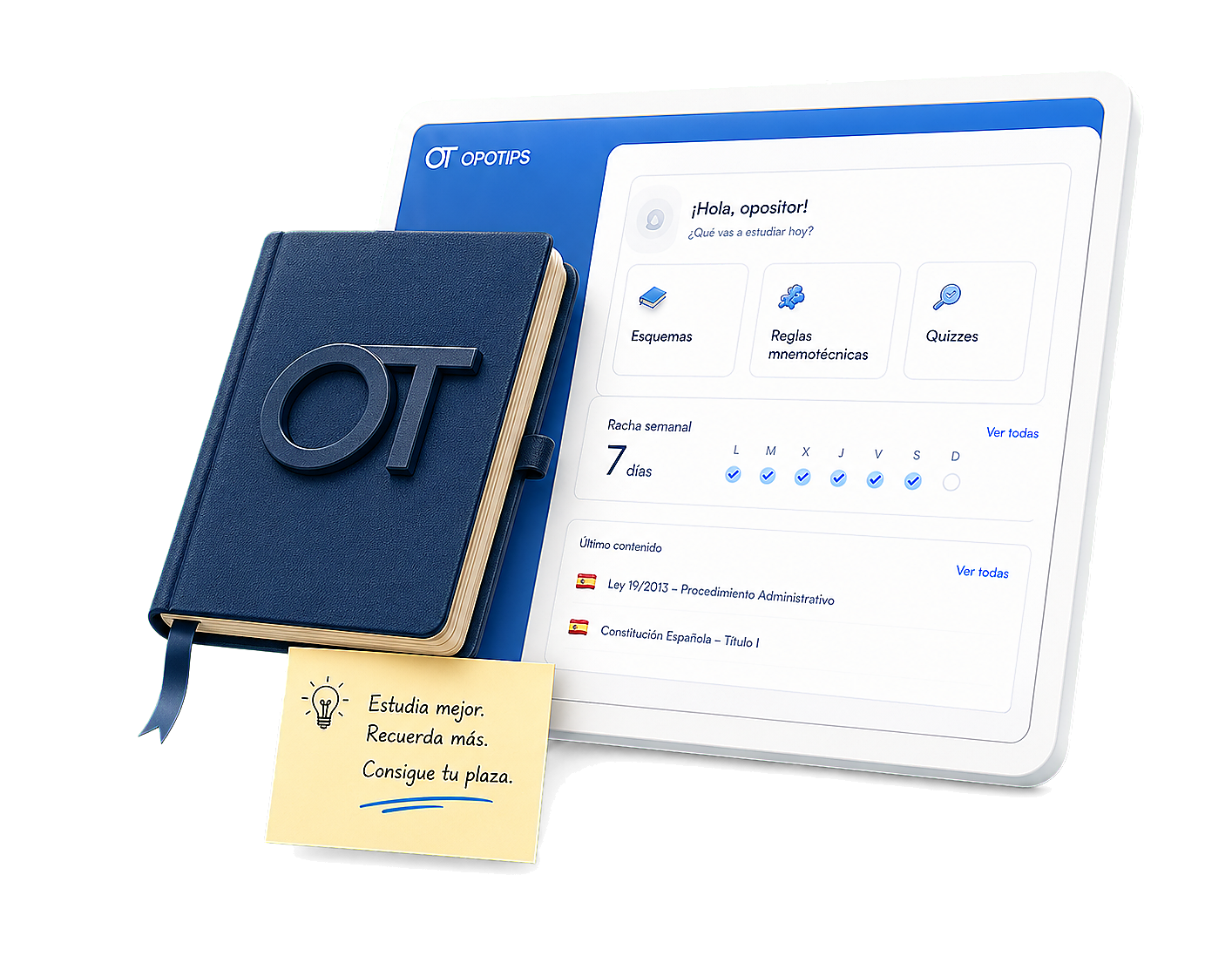Panel de estudio de Opotips con cuaderno OT
