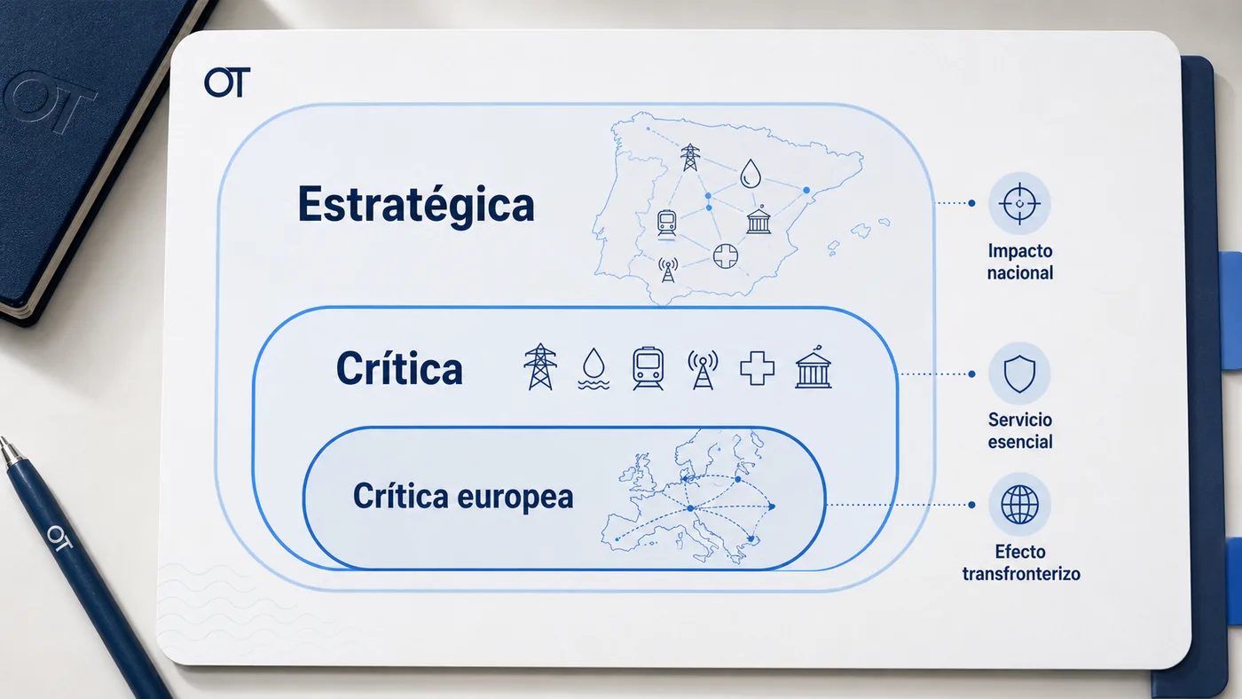 Infografía de Opotips que compara infraestructura estratégica, crítica y crítica europea