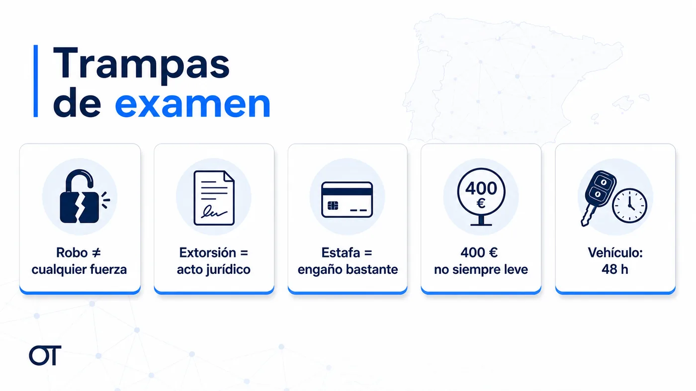 Infografía de Opotips con trampas de examen sobre delitos contra el patrimonio