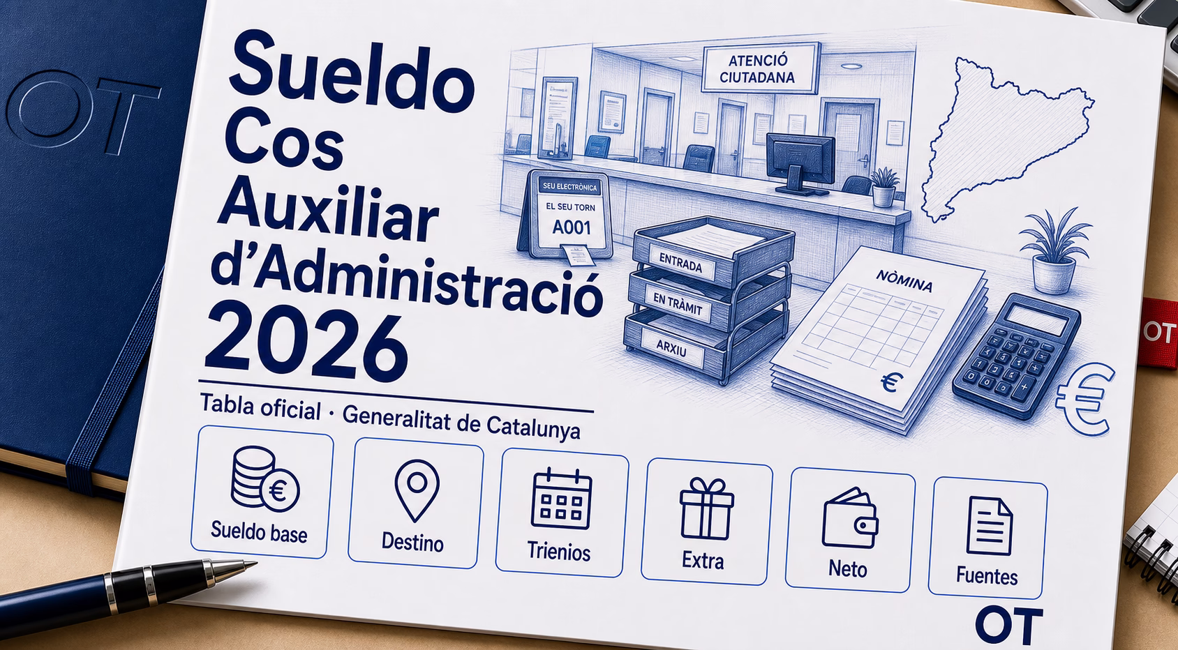 Portada de Opotips sobre el sueldo de Cos Auxiliar d'Administració de la Generalitat de Catalunya en 2026